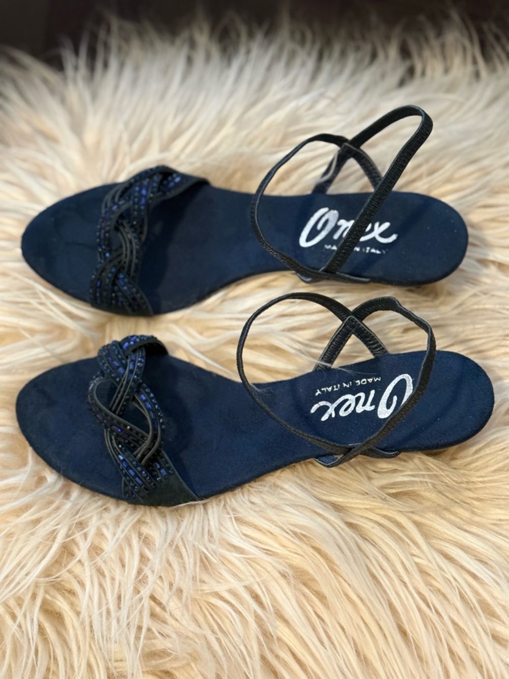 Onex Navy Braided Beaded Slingback Sandals